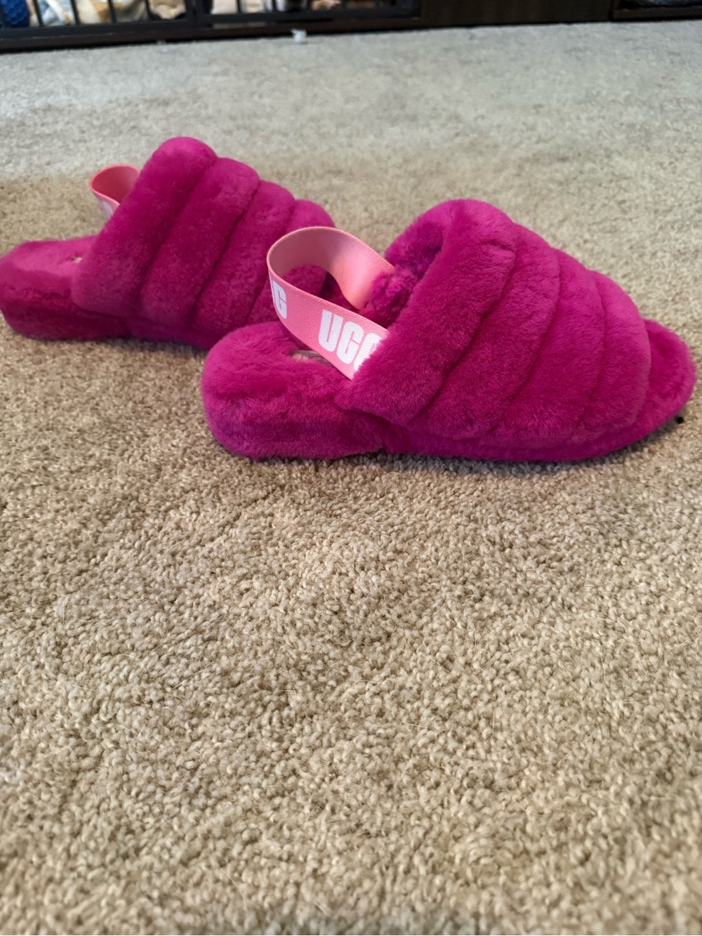 UGG Hot Pink Plush Slide with Branded Heel Strap